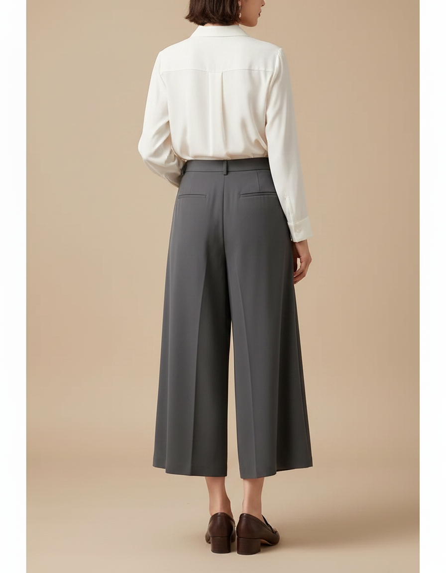 Pantalon Fluide Gris Ample Élégant Taille Haute Femme - Polyester - vue 2