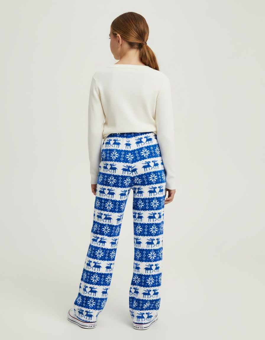Pantalon Fluide Bleu Noël Imprimé Renne Confortable - Molleton - vue 2