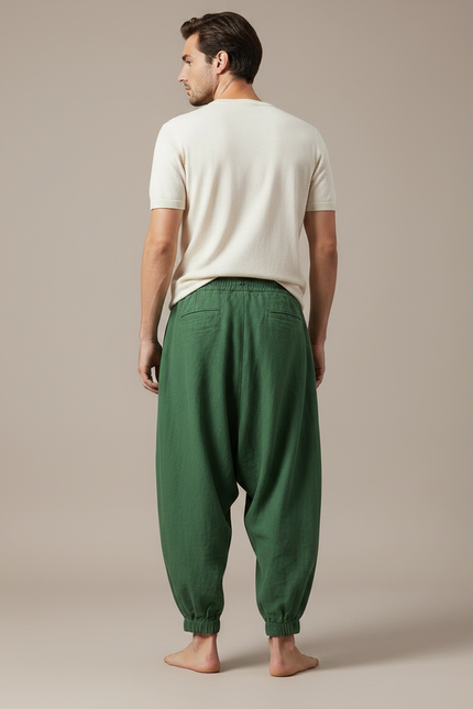 Pantalon Fluide Vert Ample Lin Plissé Décontracté Homme - vue 2