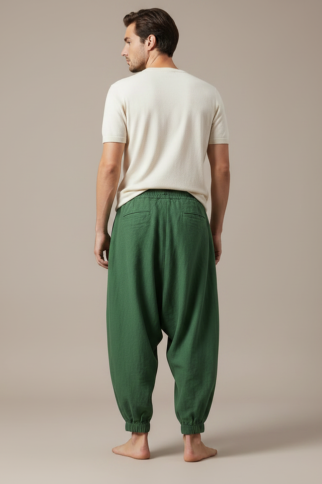 Pantalon Fluide Vert Ample Lin Plissé Décontracté Homme - vue 2