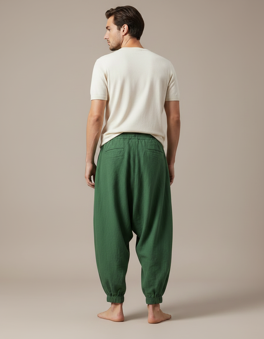 Pantalon Fluide Vert Ample Lin Plissé Décontracté Homme - vue 2