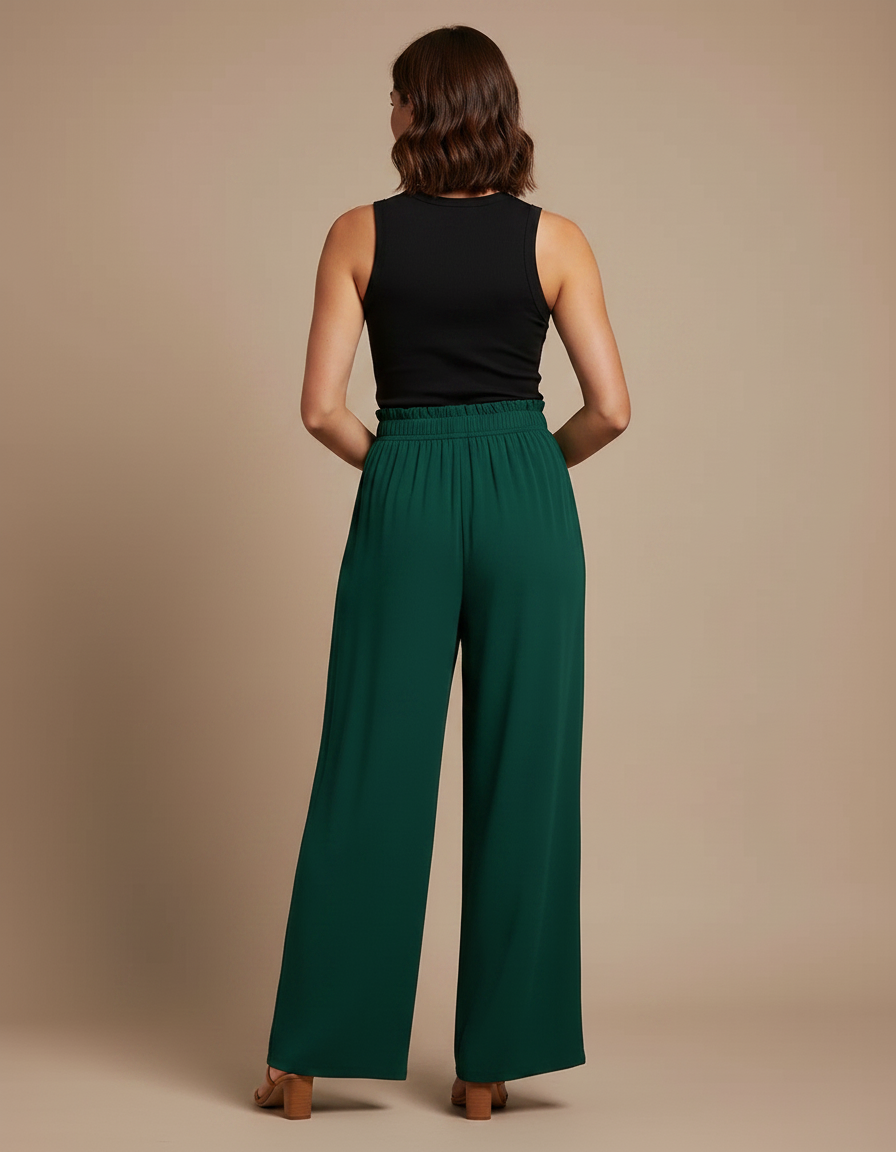 Pantalon Fluide Vert Émeraude Ample Taille Haute Confortable - Polyester - vue 2