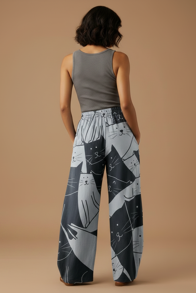Pantalon Fluide Imprimé Chats Ample Décontracté Noir Gris - Viscose - vue 2