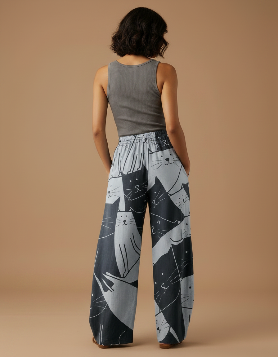 Pantalon Fluide Imprimé Chats Ample Décontracté Noir Gris - Viscose - vue 2