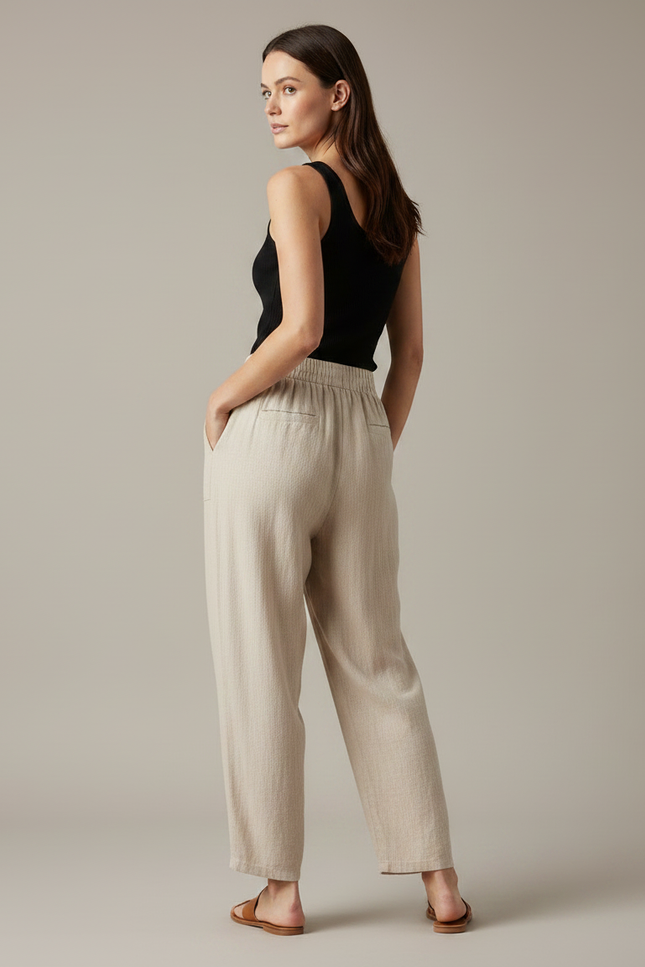 Pantalon Fluide Beige Coton Lin Ample Décontracté - vue 2