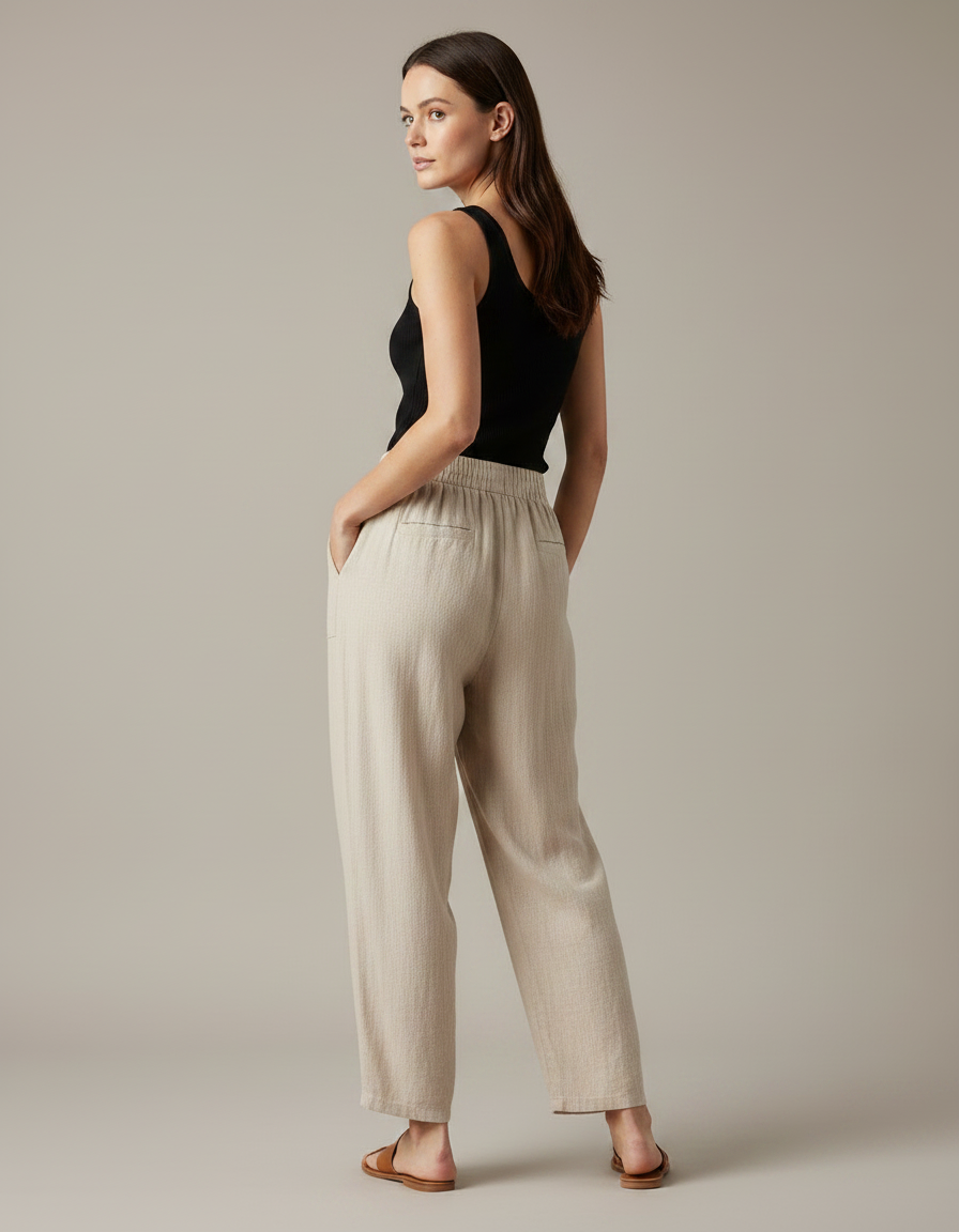 Pantalon Fluide Beige Coton Lin Ample Décontracté - vue 2