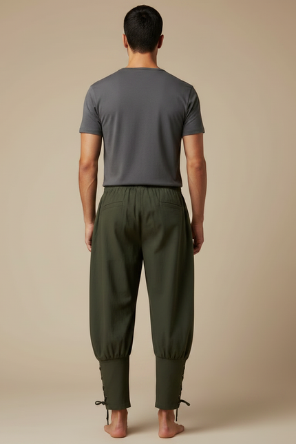 Pantalon Fluide Vert Ample Lacets Coton Homme - Kaki - vue 2