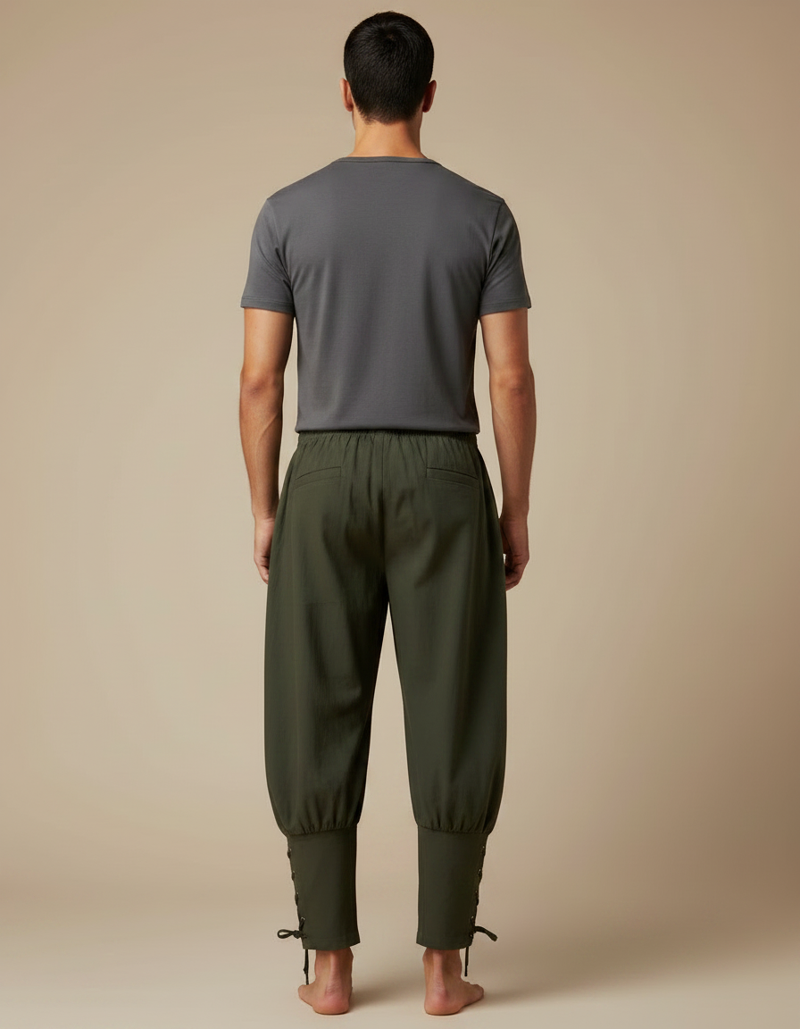 Pantalon Fluide Vert Ample Lacets Coton Homme - Kaki - vue 2