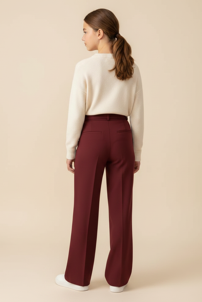 Pantalon Fluide Bordeaux Droit Ceinturé Élégant Fille - Polyester - vue 2