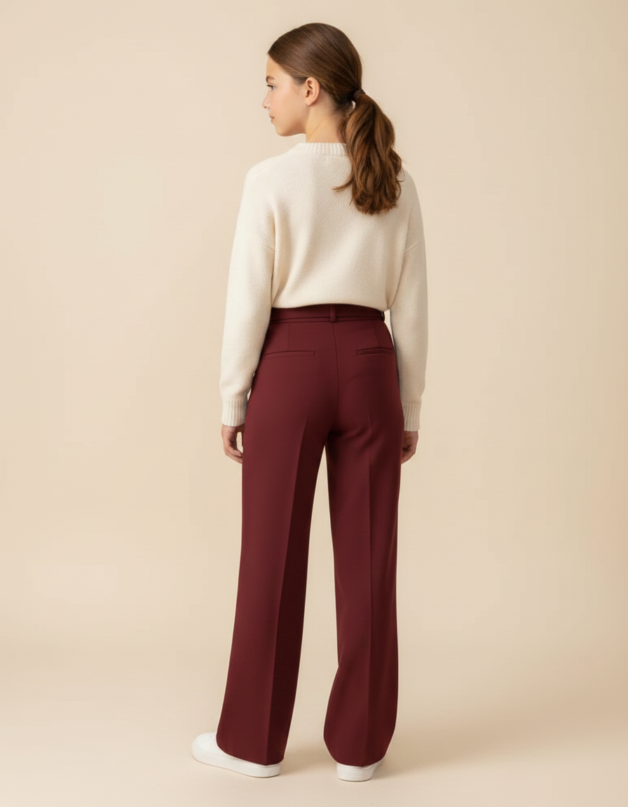 Pantalon Fluide Bordeaux Droit Ceinturé Élégant Fille - Polyester - vue 2