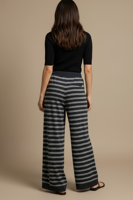 Pantalon Fluide Rayé Large Cordon Tricoté Décontracté - Gris Maille - vue 2