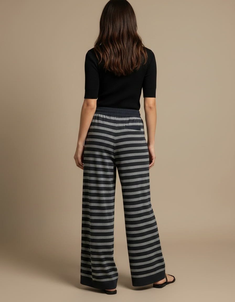 Pantalon Fluide Rayé Large Cordon Tricoté Décontracté - Gris Maille - vue 2