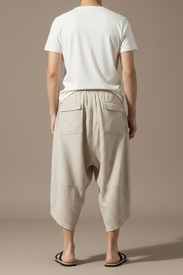Pantalon Fluide Beige Rayé Ample Coton Lin - vue 2