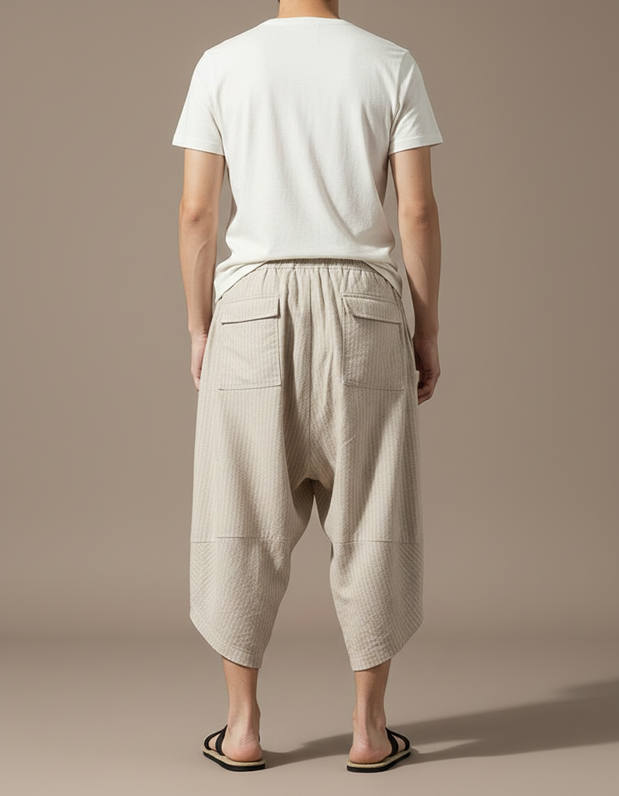 Pantalon Fluide Beige Rayé Ample Coton Lin - vue 2