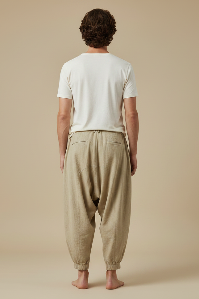 Pantalon Fluide Beige Lin Ample Plissé Harem Homme - vue 2