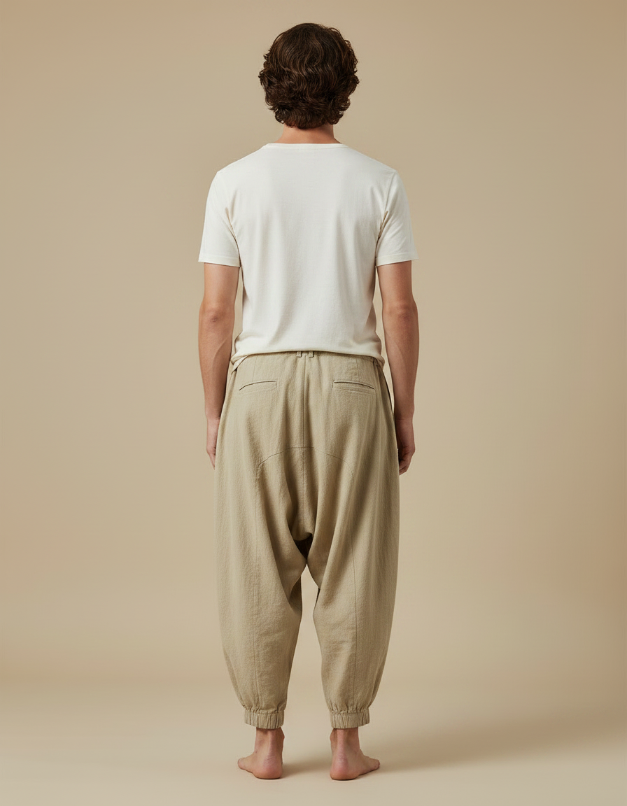 Pantalon Fluide Beige Lin Ample Plissé Harem Homme - vue 2