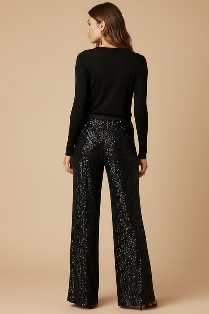 Pantalon Fluide Noir Paillettes Ample Long Élégant - Polyester - vue 2