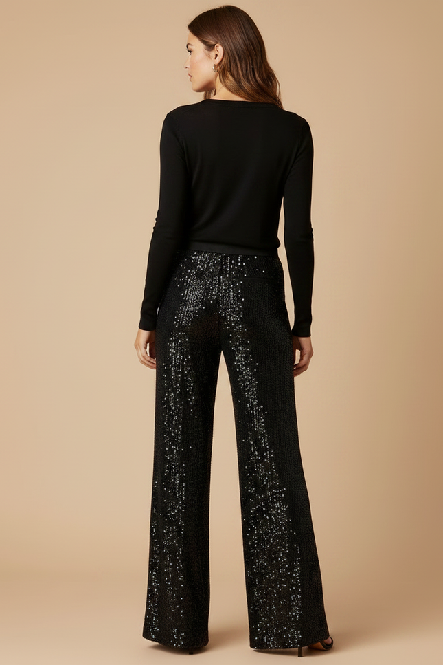 Pantalon Fluide Noir Paillettes Ample Long Élégant - Polyester - vue 2