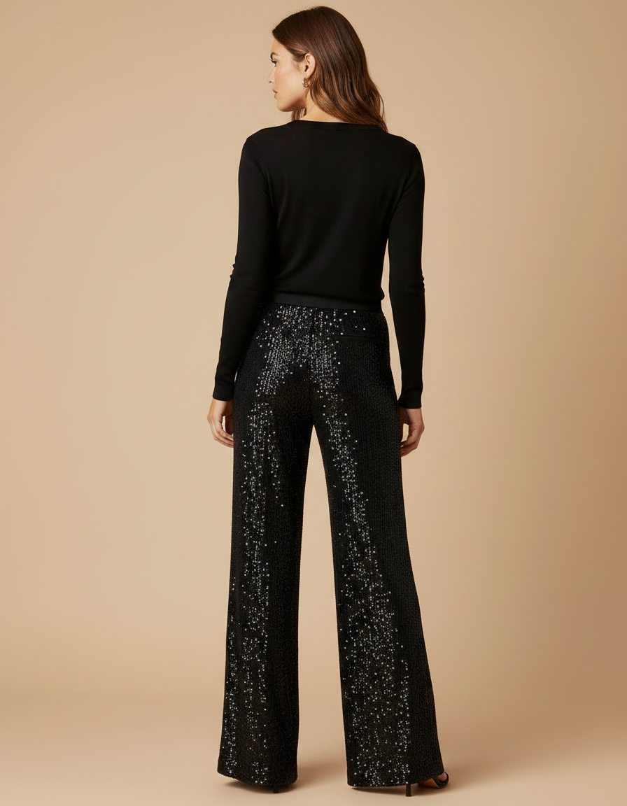 Pantalon Fluide Noir Paillettes Ample Long Élégant - Polyester - vue 2