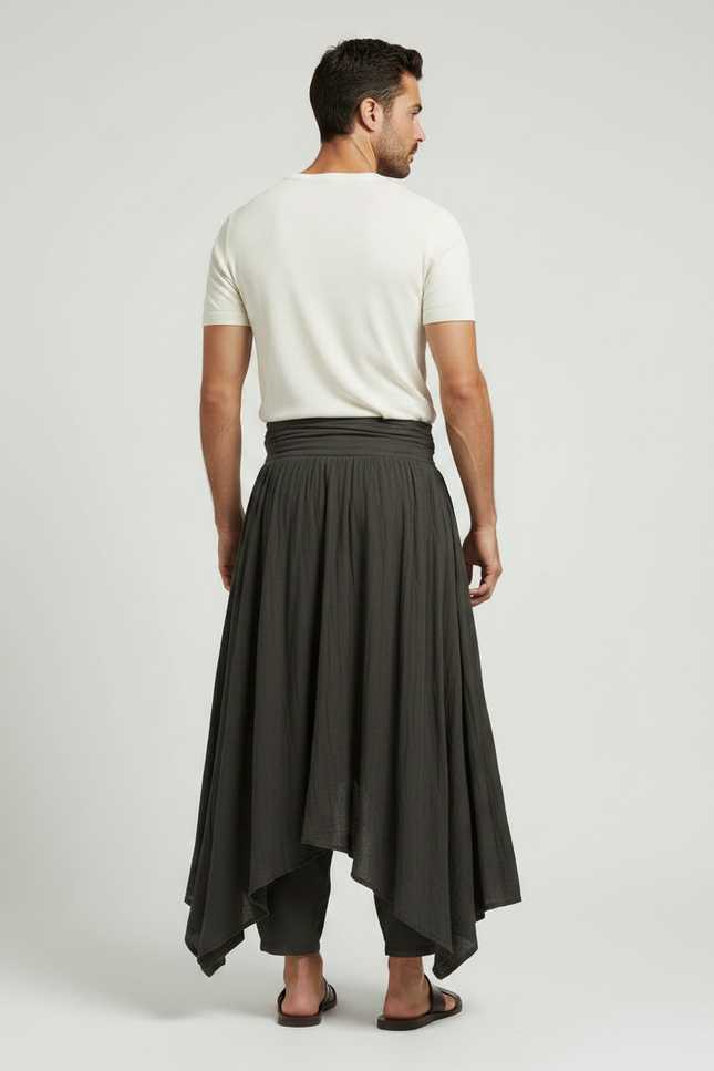 Pantalon Fluide Asymétrique Plissé Sarouel Homme Gris - Kaki Viscose - vue 2