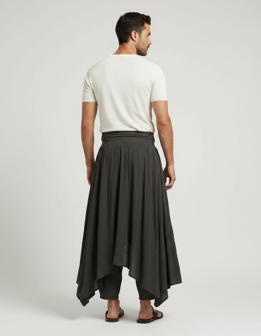 Pantalon Fluide Asymétrique Plissé Sarouel Homme Gris - Kaki Viscose - vue 2