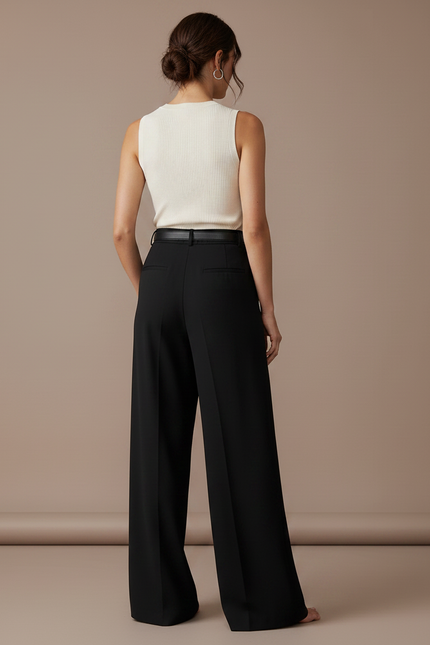 Pantalon Fluide Noir Ample Taille Haute Plissé Elégant - Viscose - vue 2
