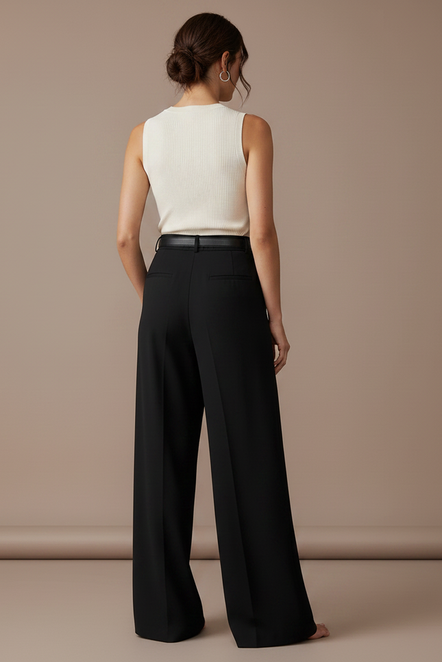 Pantalon Fluide Noir Ample Taille Haute Plissé Elégant - Viscose - vue 2