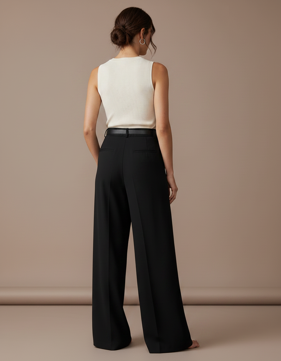 Pantalon Fluide Noir Ample Taille Haute Plissé Elégant - Viscose - vue 2