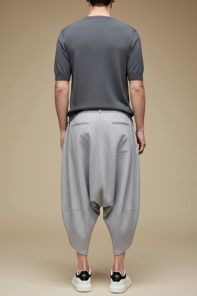 Pantalon Fluide Gris Rayé Ample Harem Coton Lin - vue 2