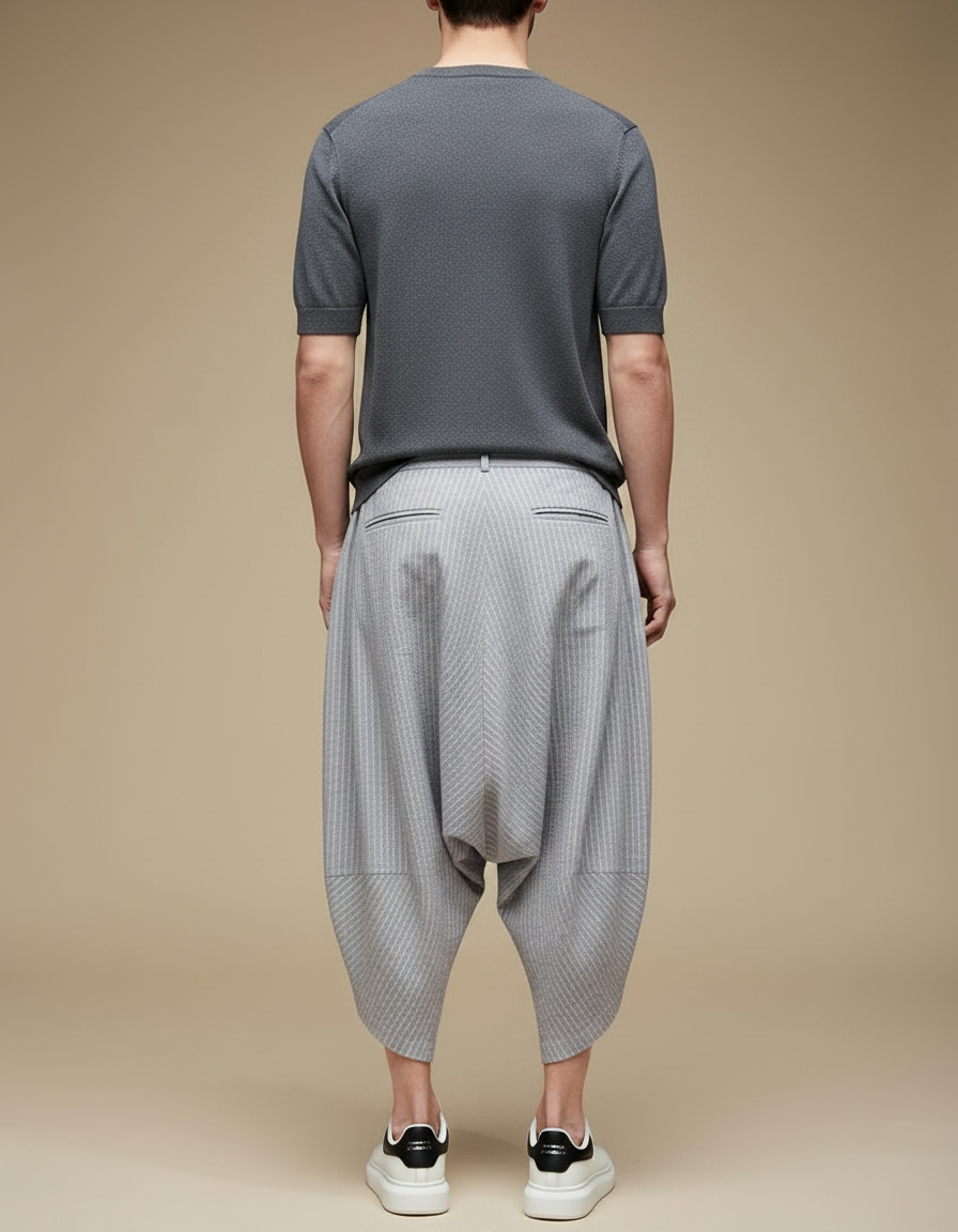 Pantalon Fluide Gris Rayé Ample Harem Coton Lin - vue 2
