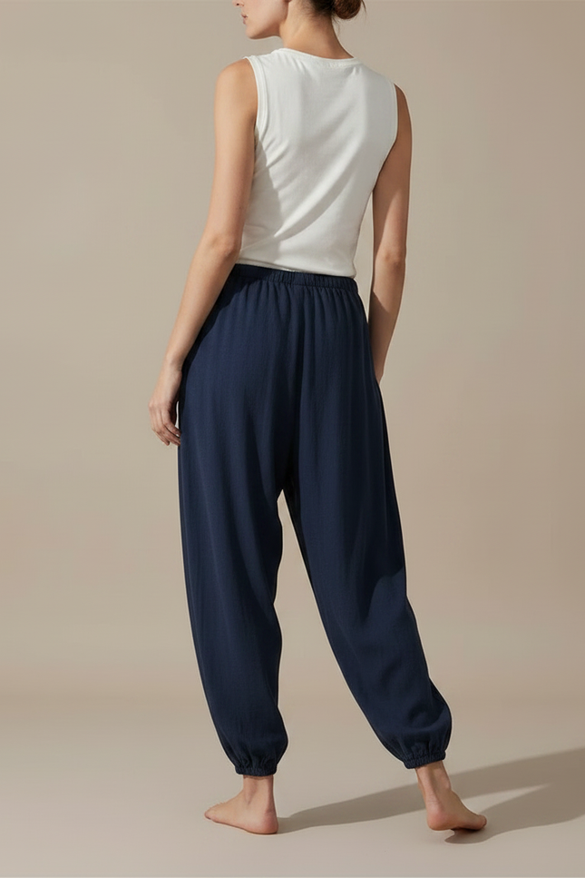 Pantalon Fluide Bleu Marine Ample Cordon Confortable - Lin - vue 2