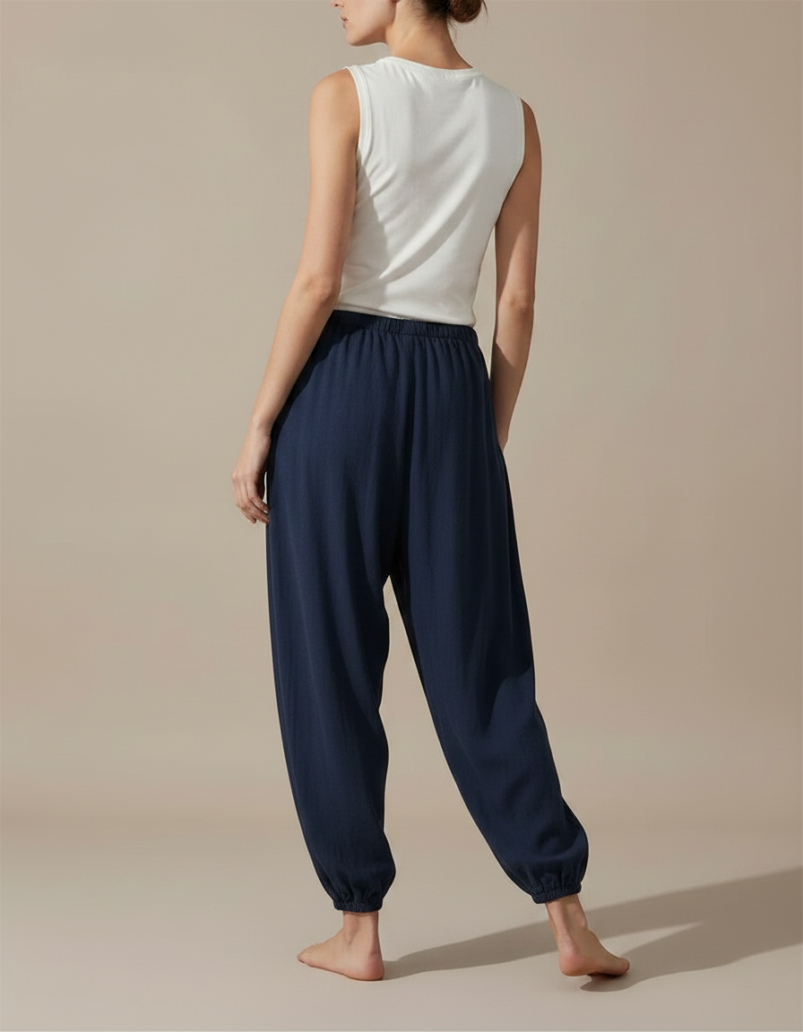 Pantalon Fluide Bleu Marine Ample Cordon Confortable - Lin - vue 2