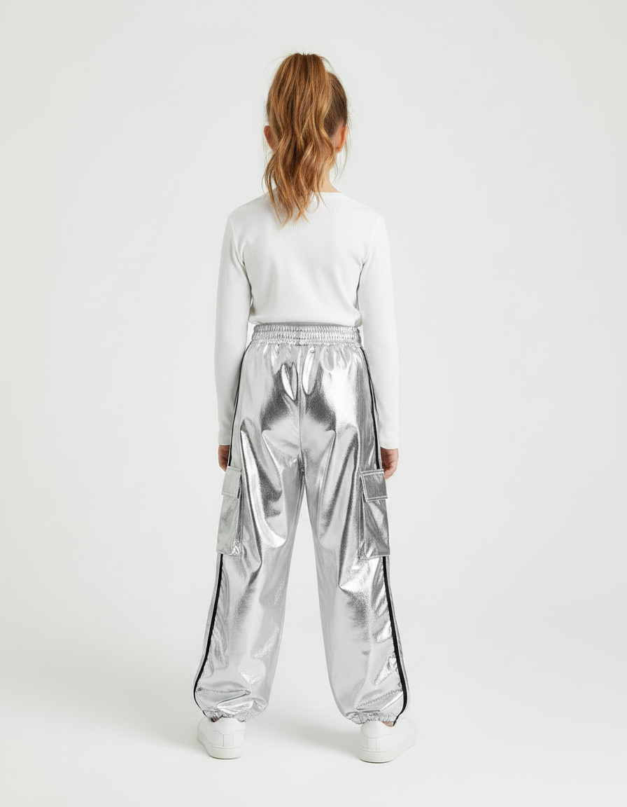 Pantalon Fluide Argenté Métallique Cargo Enfants Brillant - Polyester - vue 2