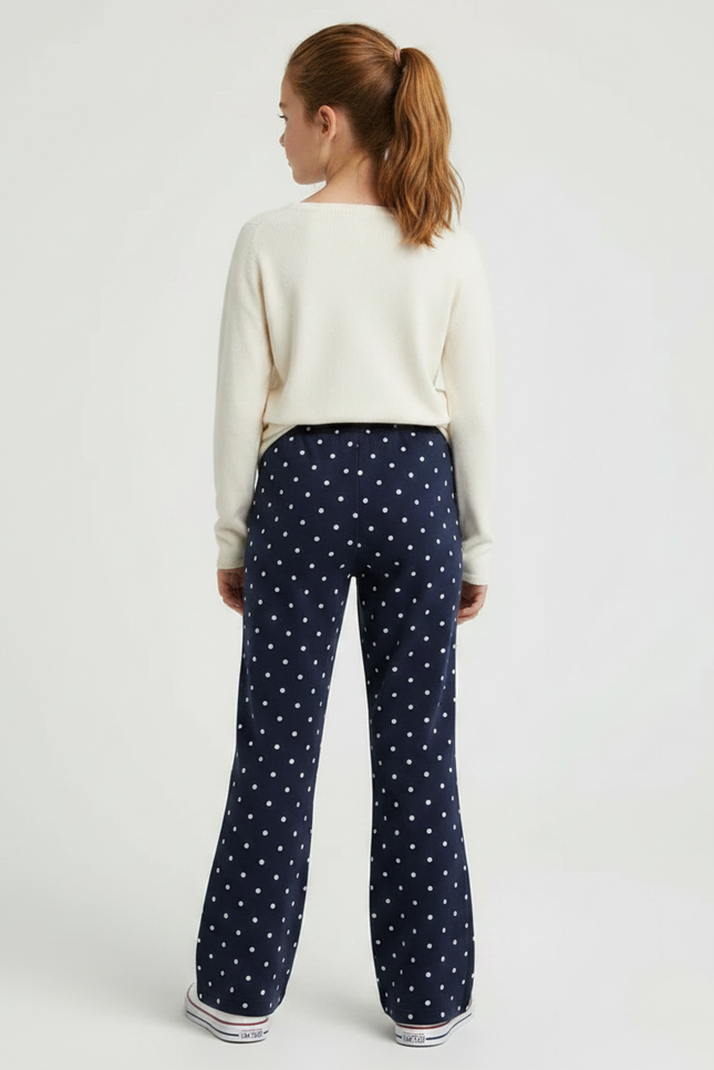Pantalon Fluide Bleu Marine Pois Blancs Évasé Enfant - Molleton - vue 2