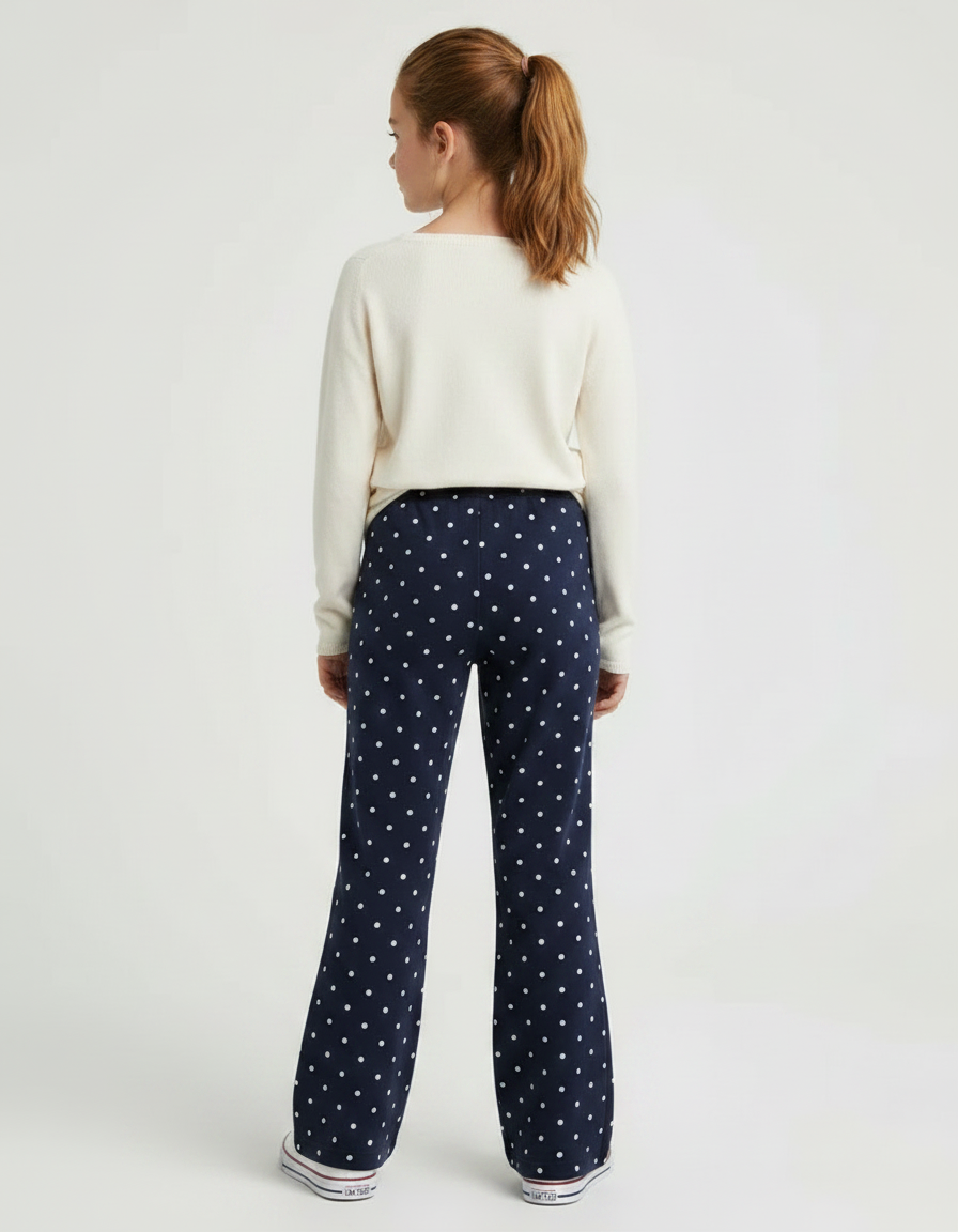 Pantalon Fluide Bleu Marine Pois Blancs Évasé Enfant - Molleton - vue 2