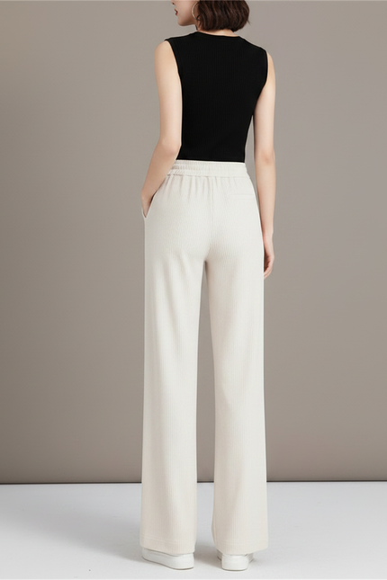 Pantalon Fluide Crème Ample Côtelé Taille Haute Décontracté - Beige Cordé - vue 2