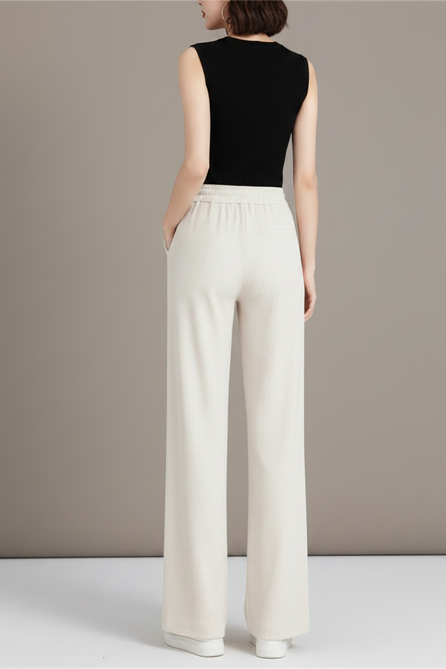 Pantalon Fluide Crème Ample Côtelé Taille Haute Décontracté - Beige Cordé - vue 2