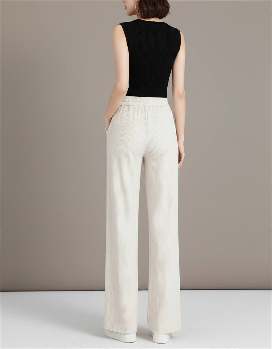Pantalon Fluide Crème Ample Côtelé Taille Haute Décontracté - Beige Cordé - vue 2