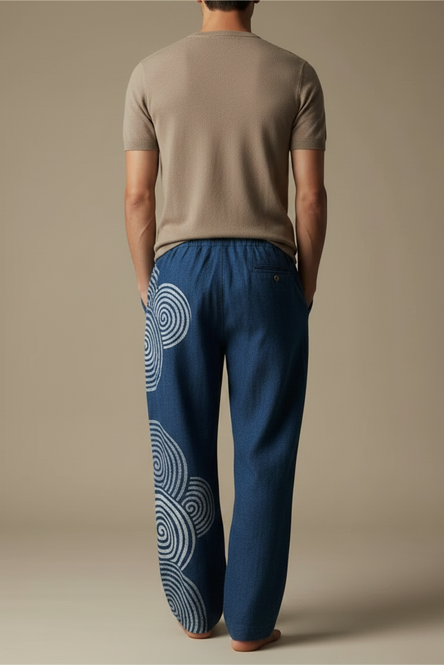 Pantalon Fluide Bleu Spiralé Décontracté Ample Homme - Jean - vue 2
