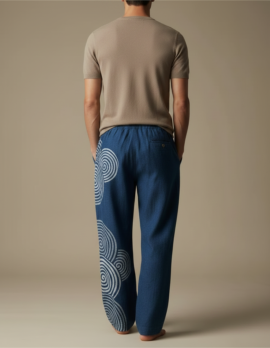 Pantalon Fluide Bleu Spiralé Décontracté Ample Homme - Jean - vue 2
