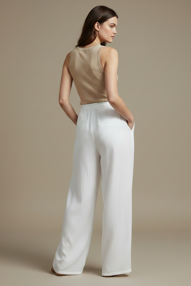 Pantalon Fluide Blanc Ample Coton Texturé Décontracté - vue 2