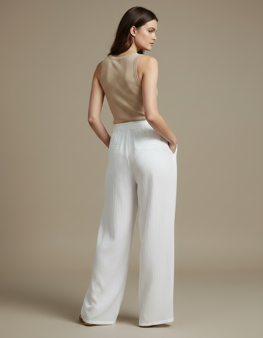 Pantalon Fluide Blanc Ample Coton Texturé Décontracté - vue 2