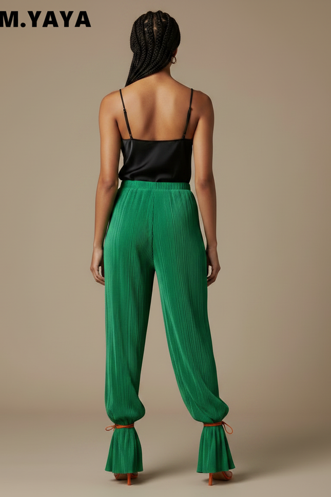 Pantalon Fluide Vert Plissé Ample Chevilles Serrées - Polyester - vue 2