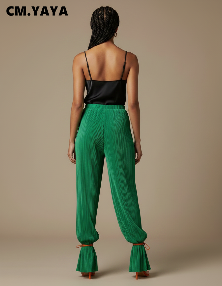 Pantalon Fluide Vert Plissé Ample Chevilles Serrées - Polyester - vue 2