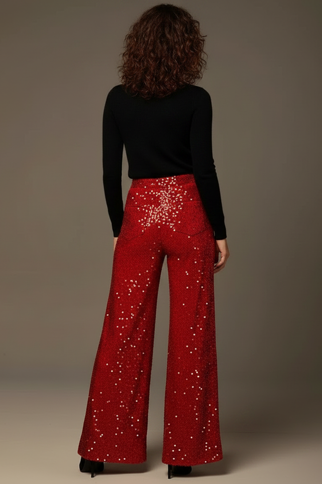 Pantalon Fluide Rouge Paillettes Ample Évasé Élégant - Polyester - vue 2