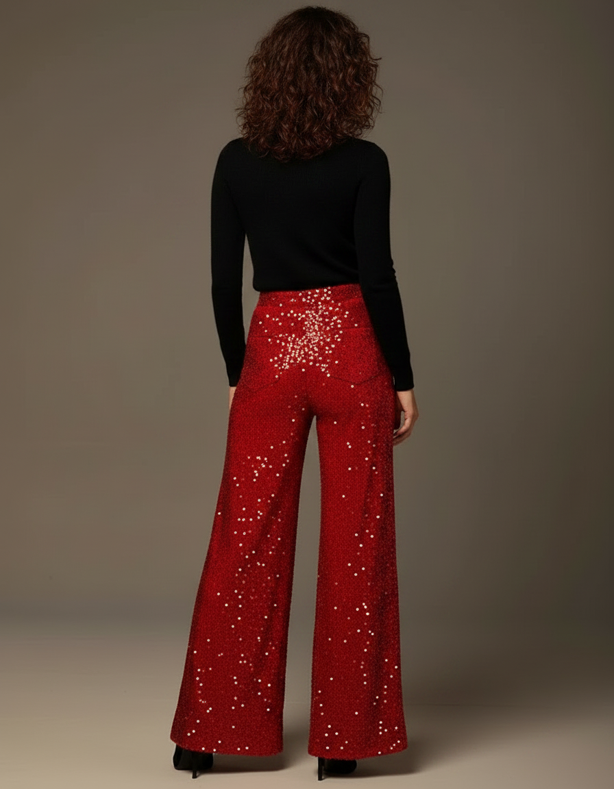 Pantalon Fluide Rouge Paillettes Ample Évasé Élégant - Polyester - vue 2