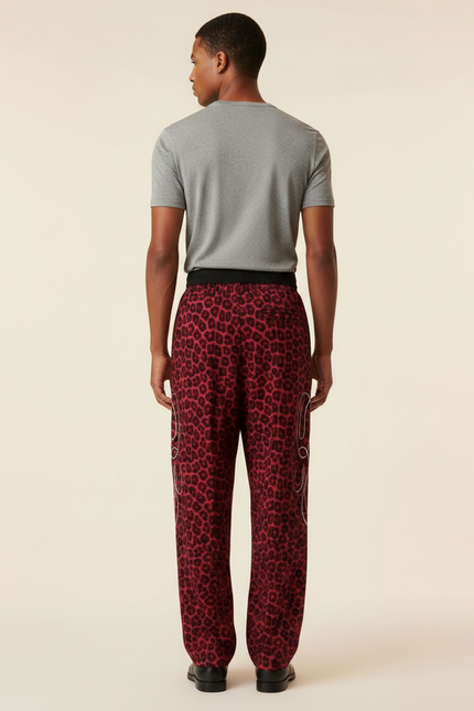 Pantalon Fluide Léopard Rouge Ample Décontracté Homme - Viscose - vue 2