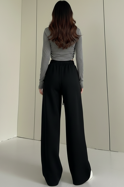 Pantalon Fluide Noir Ample Cordon Sport Molleton - vue 2