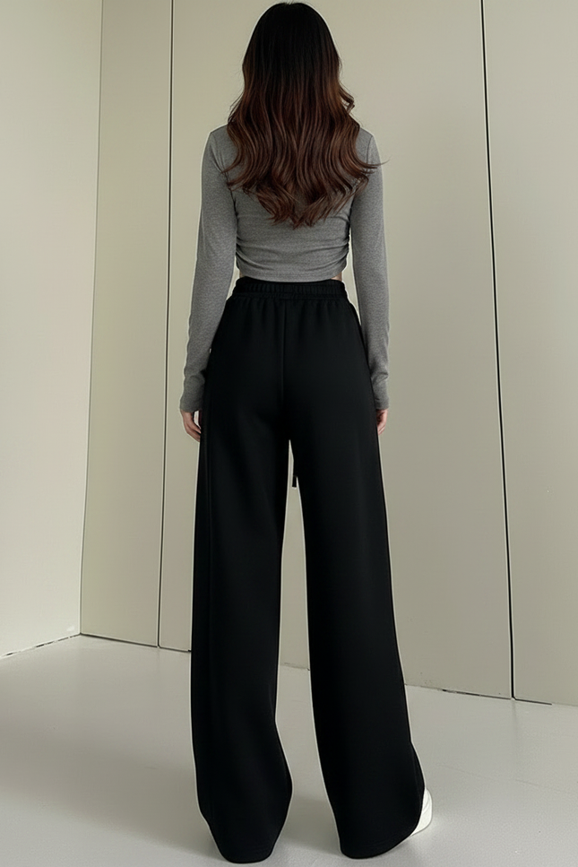 Pantalon Fluide Noir Ample Cordon Sport Molleton - vue 2