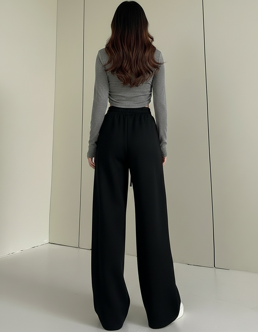 Pantalon Fluide Noir Ample Cordon Sport Molleton - vue 2